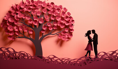 Couple kissing under valentine tree on the pink background, Valentines day background. Be my valentine theme. Valentine celebration concept greeting card hearts