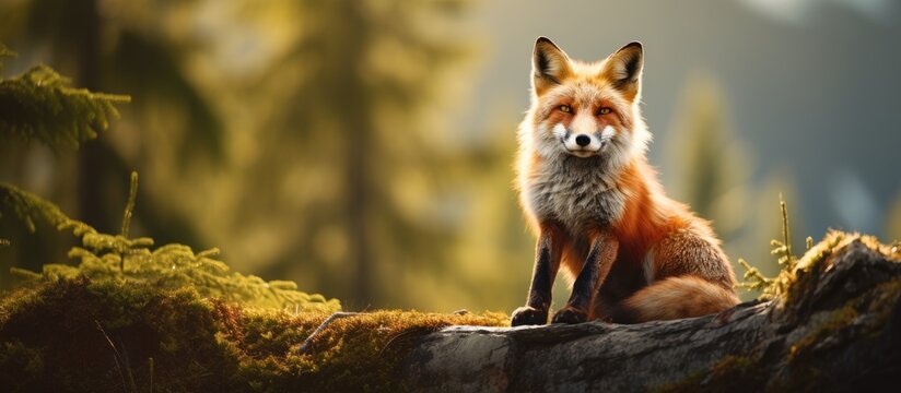Amazing red fox in natural environment Carpathian forest Slovakia. Copy space image. Place for adding text or design