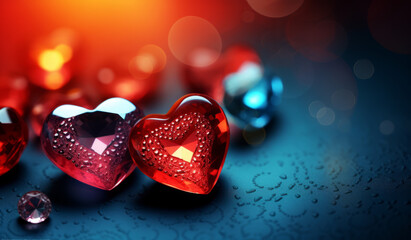 Happy valentine's day images, with red glowing love hearts, crystal glass figures with neon lighting.