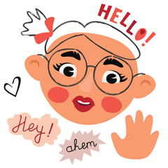 Cartoon girl head and hand in greeting.Funny character with eye-catching facial expression and hand lettering Hello,Ahem,Hey! Hand drawn poster with emotion and interjections.Vector illustration.