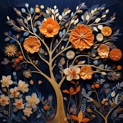 Gordijnen A deep indigo canvas featuring 3D intricate coral-colored flower motifs, alongside a radiant tangerine tree. © Sania