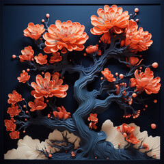 A deep indigo canvas featuring 3D intricate coral-colored flower motifs, alongside a radiant tangerine tree.