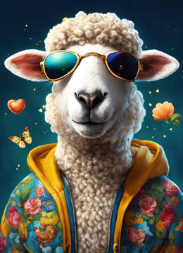 Oveja con gafas y chaqueta