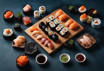 Set of sushi and maki with soy sauce over blue stone background Top view with copy space