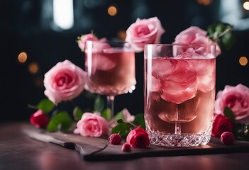 Summer refreshment drinks Light pink rose cocktail with rose wine on dark background With rose flowers