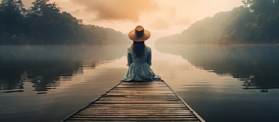 Back view of fashioned young woman sitting on wooden dock looking at view on a misty morning Female hipster with brown hat relaxes on the edge of jetty admiring foggy lake Wonderful nature geta - obrazy, fototapety, plakaty