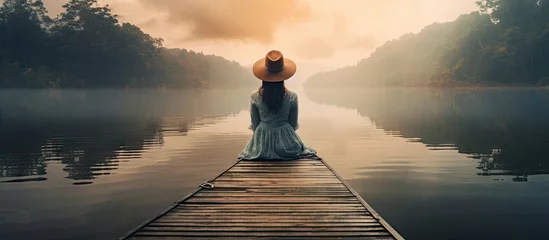 Zelfklevend Fotobehang Back view of fashioned young woman sitting on wooden dock looking at view on a misty morning Female hipster with brown hat relaxes on the edge of jetty admiring foggy lake Wonderful nature geta © Ilgun