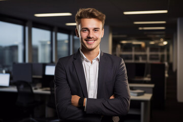 Fototapeta premium Young business man standing in the modern office, smiling at camera