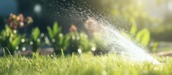 automatic sprinkler lawn watering system water in motion blur. Copy space image. Place for adding text or design - obrazy, fototapety, plakaty