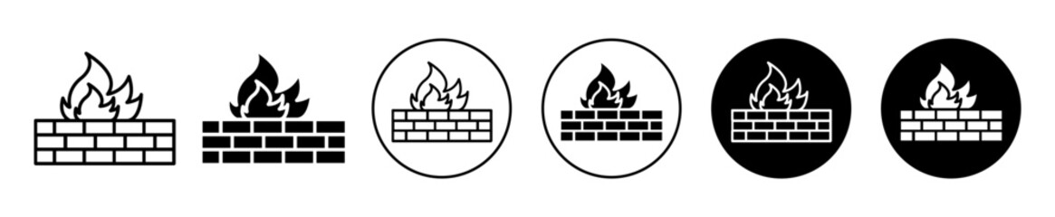 Brick wall and fire icon. winter Christmas eve wood burn to warm home mark. brick wall with fire or computer virus firewall security system symbol. hot indoor brick wall fire flame vector logo - obrazy, fototapety, plakaty