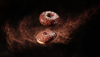 Chocolate doughnut with cocoa powder explosion in motion on a black background