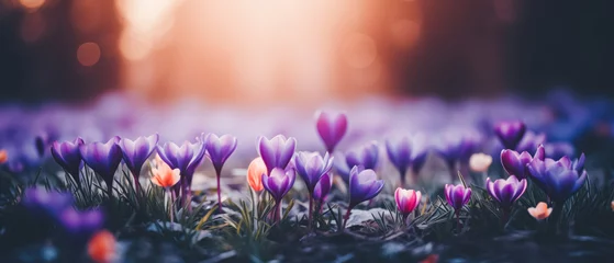 Rolgordijnen Field of purple and pink crocuses with sunset in the background. Soft focus on vibrant spring flowers. web banner design © Enigma