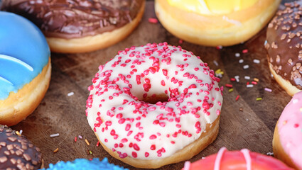 Decorated donuts with glaze wooden background