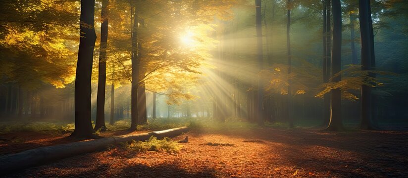 Autumn forest nature Vivid morning in colorful forest with sun rays through branches of trees Scenery of nature with sunlight Wonderful natural background Fairy tale woodland. Copy space image
