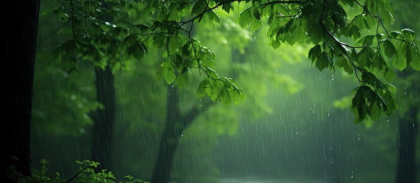 Beautiful heavy summer rain Forest scene with green trees and raining. Copy space image. Place for adding text or design