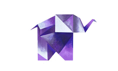 Geometric origami elephant in shades of purple and white, a minimalist paper art creation, isolated on a white background