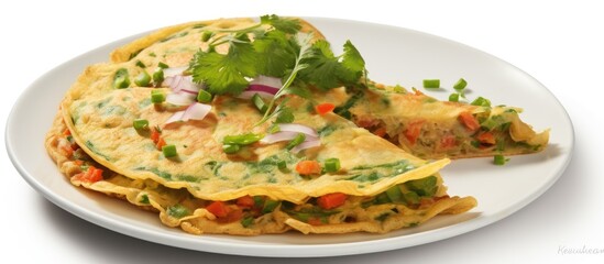 Besan chilla or chickpea pancakes These are protein rich savoury pancakes made of besan flour or chick pea flour with onions tomato green chili and coriander leaves Shot on white backdrop - obrazy, fototapety, plakaty