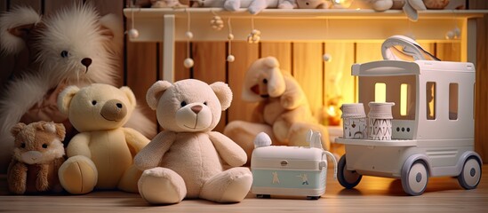 baby monitor camera between stuffed animals and toys on the crib shelf. Copy space image. Place for adding text or design - obrazy, fototapety, plakaty
