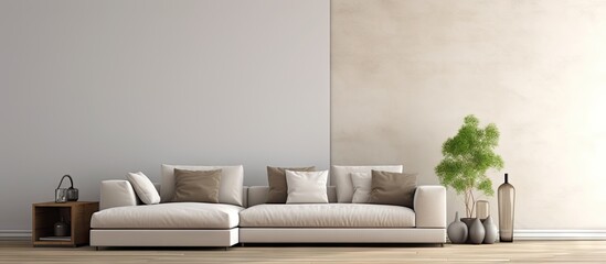 Beige comfortable corner sofa with grey pillows in elegant living room interior with white wall. Copy space image. Place for adding text or design