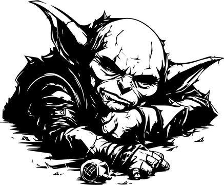 Black and White Vector Graphic of Goblin Sleeping