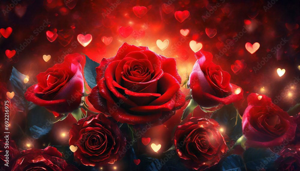 Poster Red roses with hearts background. Valentines Day, love and wedding concept.