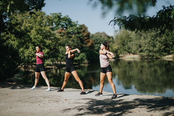 Active fit girls training outdoors in a city park, enjoying sunny day, stretching and staying in...