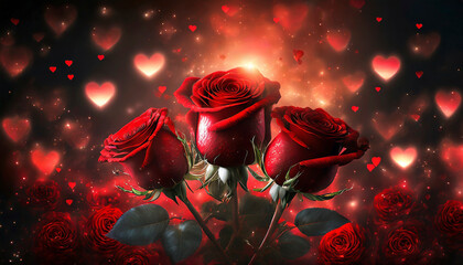 Red roses with hearts background. Valentines Day, love and wedding concept.