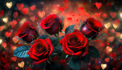 Red roses with hearts background. Valentines Day, love and wedding concept.