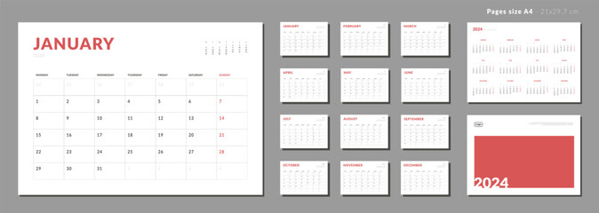 Set of Monthly page Calendar Planner Template and cover with Place for Photo and Company Logo on 2024. Vector layout of a wall or desk calendar with week start Monday. Pages for size A4 for print.