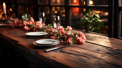 Wooden Table Served Plates Decorated Flowers , Background HD, Illustrations