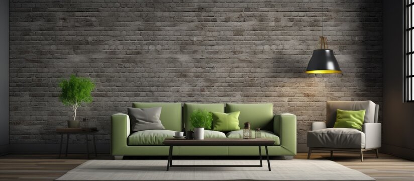 Big grey couch in stylish living room design in grey with modern green decorations and kitchen area behind brick wall. Copy space image. Place for adding text or design