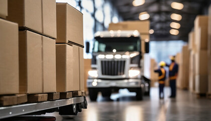 Warehouse worker loading shipment carton boxes on truck to warehouse storage. Logistics, supply chain and warehouse business concept.