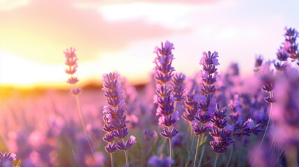 Wide field of lavender in summer sunset, panorama blur background. Autumn or summer lavender background. Shallow depth of field.