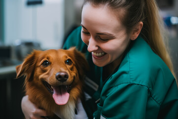 A joyful woman in a green vet uniform is hugging a happy golden retriever in a clinical setting,...