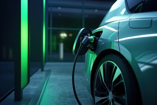 Eco power. electric vehicle charging station with power cable supply plugged station, EV charging station, green energy, blue power, electric energy, technology and EV Car concept 