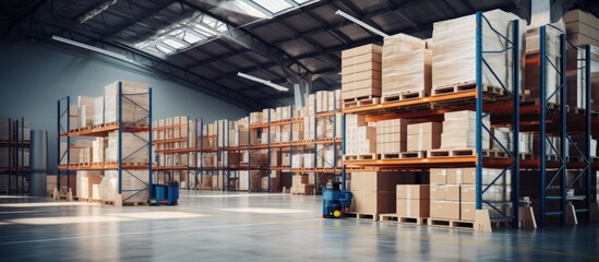 Big Retail Warehouse full of Shelves with Goods in Cardboard Boxes and Packages Logistics Sorting and Distribution Facility for further Product Delivery Semi Side View. Copy space image