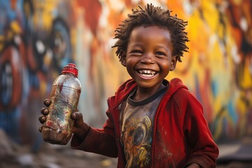 Extremely happy African boy with water bottle in hand - obrazy, fototapety, plakaty
