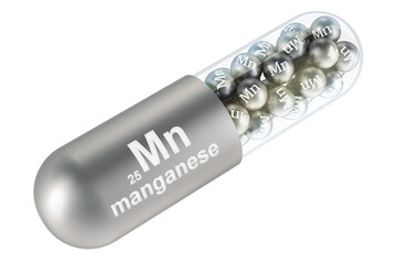 Capsule with manganese Mn element, 3D rendering isolated on transparent background