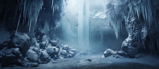 Beautiful long icicles of a frozen waterfall with water flowing and crashing down and Ice water dripping from the tips of icicles in a cold eery and moody atmosphere in a cave in the mountains