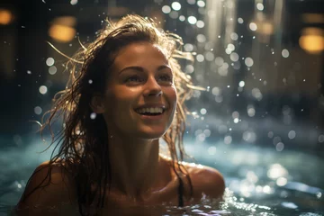 Foto op Canvas Bella donna sorridente in una piscina in un centro termale con spruzzi di acqua e gocce di notte © Wabisabi