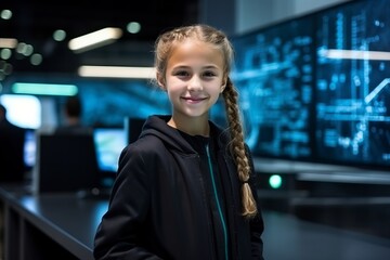 Portrait of a cute little girl in front of computer monitors.