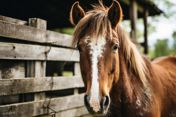 A chestnut horse with a white stripe on its nose peeks over a wooden fence, with a soft gaze.