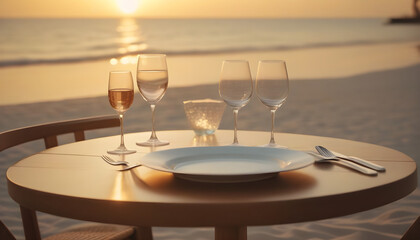 A table with glasses and cutlery on the luxury beach at sunset Valentine's Day celebration created with generative ai