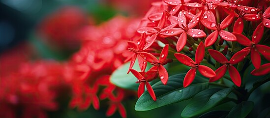 Beautiful a Ixora soka of flowers Orange Flower Saraca Asoca in the Garden Bunga Asoka blooms bright red close up often associated with love and purity lovely colorful small tiny flowers in gro - Powered by Adobe