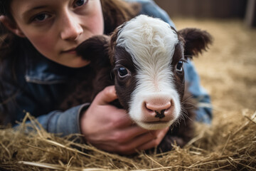 A young girl cuddles a newborn calf with white and brown patches in a straw-filled barn.