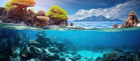 Beautiful colorful corals on a tropical coral reef in the Similan Islands. Copy space image. Place for adding text or design