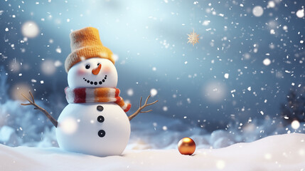 Obraz premium A delightful snowman adorned with a golden hat and scarf, nestled in a snowy and golden environment, creating a picturesque winter scene. Perfect for personal messages, greeting cards, and company car
