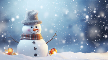 A delightful snowman adorned with a golden hat and scarf, nestled in a snowy and golden environment, creating a picturesque winter scene. Perfect for personal messages, greeting cards, and company car