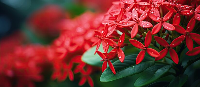 Beautiful a Ixora soka of flowers Orange Flower Saraca Asoca in the Garden Bunga Asoka blooms bright red close up often associated with love and purity lovely colorful small tiny flowers in gro