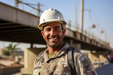Portrait of a smiling male construction worker standing in front of a bridge